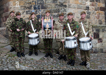Lancaster, UK 29th June, 2013.  Drummers and Musicians of the Army Cadet Force, King's Own Royal Border Regiment at the Armed Forces day on parade at Lancaster Castle, Lancashire, UK. Credit:  Conrad Elias/Alamy Live News Stock Photo