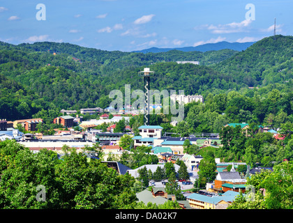 The skyline of downtown Gatlinburg, Tennessee, USA in the Great Smoky Mountains. Stock Photo