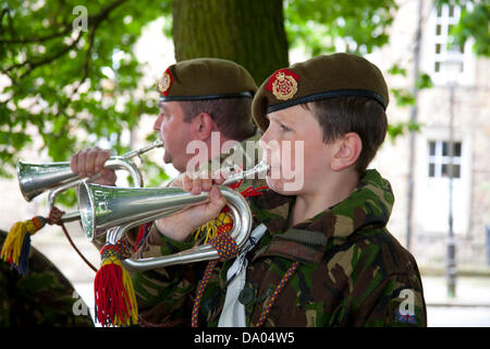 Lancaster, UK 29th June, 2013. Liam Sanders, 13 from Preston, Bugler in the Army Cadet Force, King's Own Royal Border Regiment at the Armed Forces day on parade at Lancaster Castle, Lancashire, UK. Credit:  Conrad Elias/Alamy Live News Stock Photo