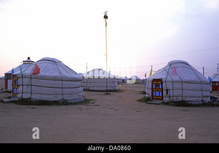 Traditional Mongolian yurts or gers which are portable, round tents covered with felt and used as a dwelling by nomads in the steppes of Central Asia. Stock Photo