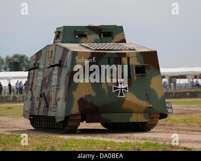 Bovington, UK. 29th June, 2013. The A7V was the only tank designed and built by Germany during the Great War ungainly, and prone to overrturn on uneven ground, only 20 were built and only one original survives, in a museum in Queensland, Australia. The mock-up is the only full-size working replica in the world. Stock Photo