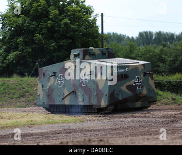 Bovington, UK. 29th June, 2013. The A7V was the only tank designed and built by Germany during the Great War ungainly, and prone to overrturn on uneven ground, only 20 were built and only one original survives, in a museum in Queensland, Australia. The mock-up is the only full-size working replica in the world. Stock Photo