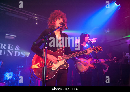 Psychedelic rock band Temples at the Hare and Hounds, King's Heath, Birmingham, 19 June 2013. Lead singer James Bagshaw. Stock Photo