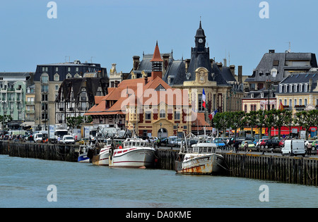 Port of Trouville Sur Mer, Touques river, town hall in the background (Calvados, Normandy, France). Stock Photo