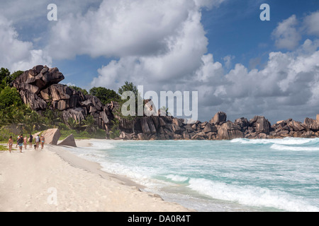 Wild Grand Anse beach with strong currents on East Coast, La Digue, Seychelles, Indian Ocean, Africa Stock Photo