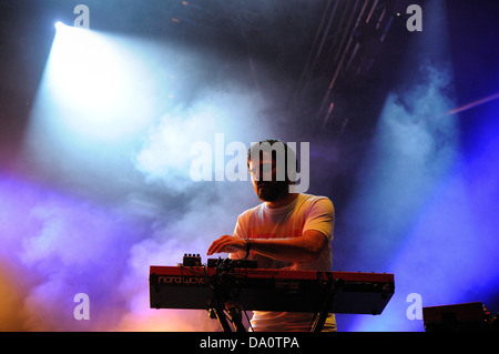 BARCELONA - MAY 22: Unai Lazcano, keyboardist of Delorean band, performs at Heineken Primavera Sound 2013 Festival. Stock Photo