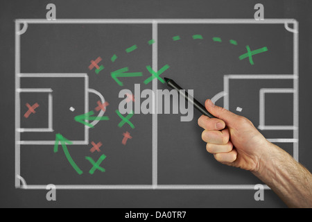 Mans hand pointing to a tactics message on a chalkboard. Stock Photo