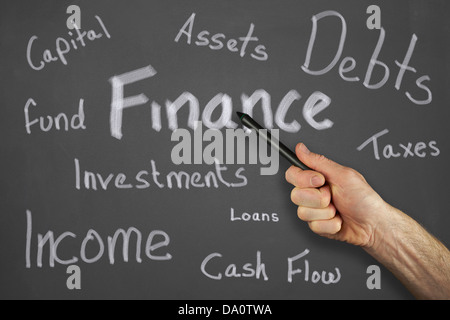 Mans hand pointing to a finance message on a chalkboard. Stock Photo