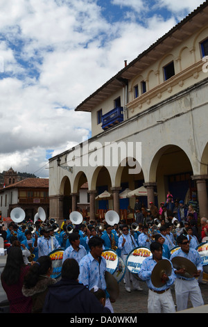 Traditionally costumed Andean dancers in a parade during Holy Week in Cusco, Peru Stock Photo