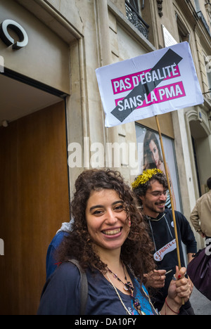 Paris, France, LGBT Groups Marching in Annual Gay Pride Parade, Oui, Oui, Oui, Organization Protesting for Transgenders and Medically Assisted Pregnacies, (PMA) Stock Photo