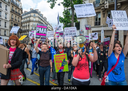 Paris, France, Crowd Women, Trans Activist, LGBT Groups Marching in Annual Gay Pride March, Organization Protesting for Transgenders and Medically Assisted Pregnancies, (PMA, MAP) gay rights struggle, diverse family, women protesters marching for rights Stock Photo