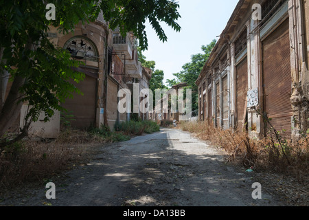 A deserted street of shops in the United Nations Buffer Zone, Nicosia, Cyprus Stock Photo
