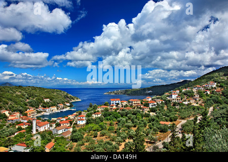 Kioni village, the most beautiful village of Ithaca (Ithaki) island, Ionian Sea, Eptanisa ('Seven Islands'), Greece. Stock Photo