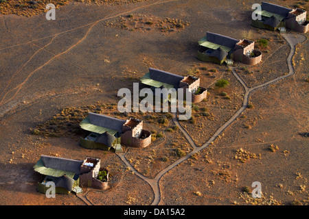 Little Kulala Lodge, viewed from hot air balloon, near Sesriem, Namibia, Africa - aerial Stock Photo