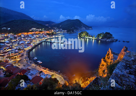 Panoramic night view of Parga town and the islet of Panagia from the Venetian castle of the town, Epirus, Greece. Stock Photo