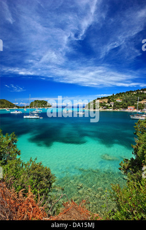 Lakka bay and small part of Lakka village, Paxos ('Paxi') island, Kerkyra (Corfu) prefecture, Ionian Sea, Eptanisa, Greece. Stock Photo