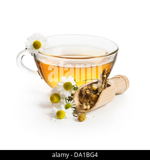 Herbal tea with chamomile flowers on white background Stock Photo