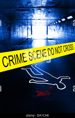 police crime scene with yellow tape Stock Photo