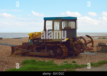 Bulldozer on beach. Aldeburgh, Suffolk, England, United Kingdom, Europe. Stock Photo