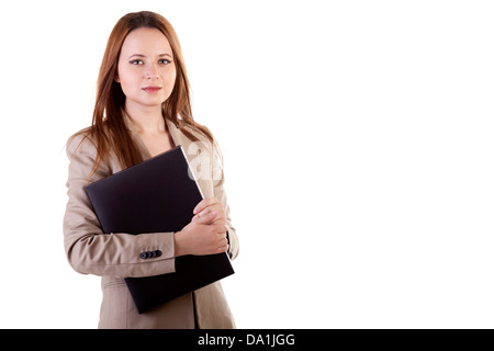 Beautiful secretary with folder in hands isolated on white background studio shot Stock Photo