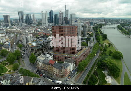 View of the headquarters of union IG METALL (C FRONT), the Frankfurt bank towers, and the river Main (R), photographed from the 28th level of the Westhafen tower in Frankfurt am Main, Germany, 24 June 2013. Photo: ROLAND HOLSCHNEIDER Stock Photo