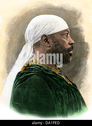 Menelik II, emperor of Ethiopia, 1890s. Hand-colored woodcut Stock Photo