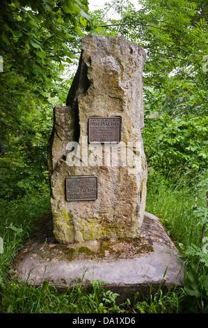 Stone marking opening of Offa's Dyke National Trail at Knighton, Powys, Wales, UK. Stock Photo