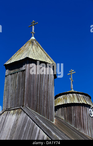 Detailed view of crosses on top of Holy Trinity St. Nicholas Chapel, Fort Ross State Historic Park, Sonoma County, California, United States of America Stock Photo