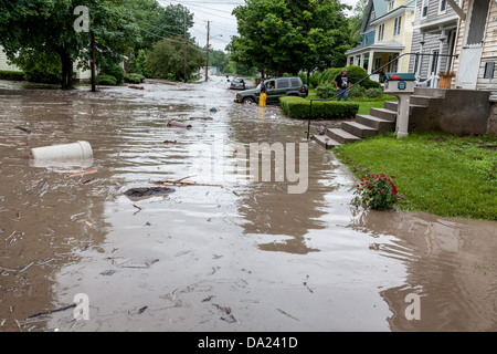 Flooding in Fort Plain, New York, in the Mohawk Valley Stock Photo