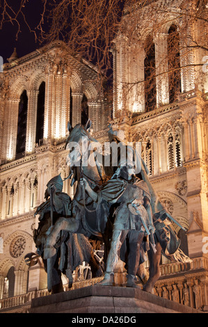 Landmarks of France. This bronze statue of Charlemagne (also known as Charles the Great) is situated in front of the Cathedral of Notre Dame in Paris. Stock Photo