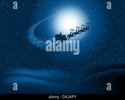 Silhouette of santa flying through the snowy night sky with starry trail Stock Photo