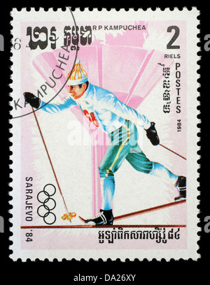 KAMPUCHEA-CIRCA 1984: A stamp printed in the Kampuchea, is dedicated to Winter Olympic Games in Sarajevo, circa 1984 Stock Photo