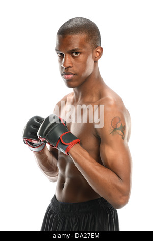 Portrait of young African American man with mixed martial arts gloves isolated over white background Stock Photo