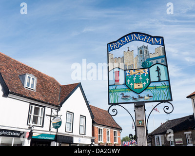 The town sign in the market square of Framlingham, in Suffolk, UK, with Georgian houses in the background Stock Photo