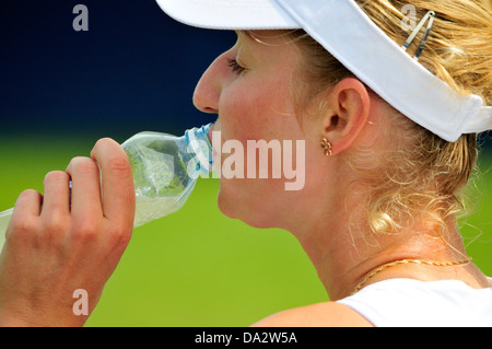 Ekaterina Makarova (Russia) drinking water between games at Eastbourne 2013 Stock Photo