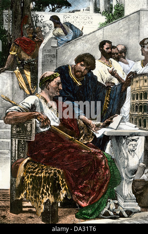 Roman Emperor Vespasian planning construction of the Colosseum. Hand-colored woodcut Stock Photo