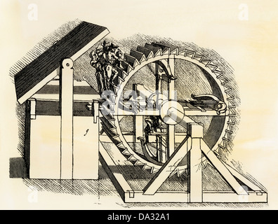 Military machine for firing arrows with a crossbow, designed by Leonardo da Vinci. Woodcut with a watercolor wash Stock Photo