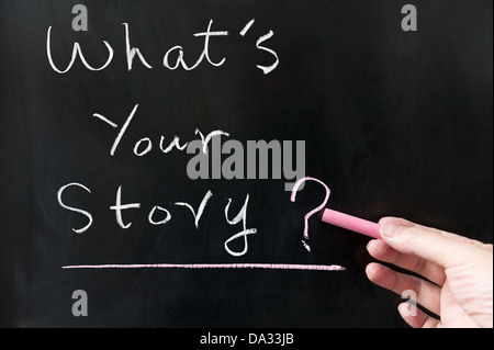 What's your story words written on blackboard Stock Photo