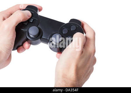 Close-up of Male Hands Holding Gamepad iSolated White Background. Stock Photo