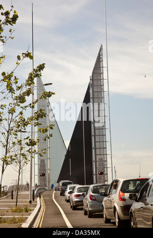 Traffic queuing to cross the Triangular Twin Sails bridge linking Poole with Hamworthy.  The bridge was opened in 2012 Stock Photo