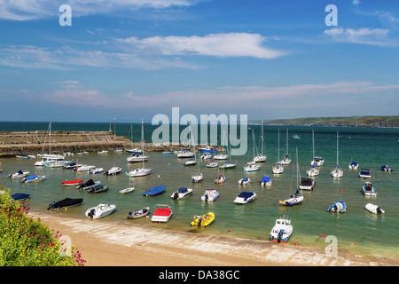 The Harbour at New Quay, Cardigan Bay Wales  with yachts floating. Stock Photo