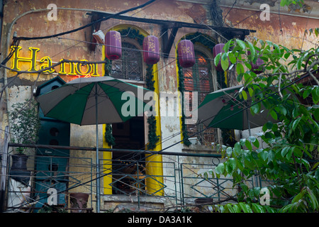 Balcony of a Bar in the Old Quarter in Hanoi, Vietnam Stock Photo