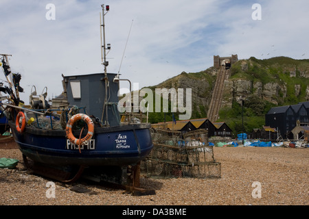 fishing boats ashore on the Stade at Hastings Stock Photo