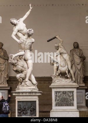 Italy,Tuscany,Florence, Loggia dei Lanzi and Ratto delle Sabine statue. Stock Photo