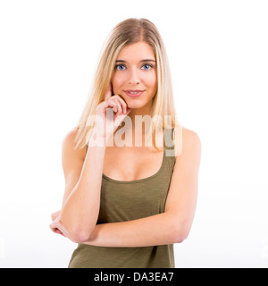 Beautiful blond woman smiling and thinking on something to the camera, isolated over white background Stock Photo