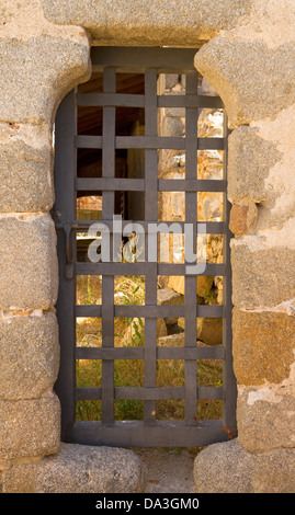 dungeon door in a medieval stone wall Stock Photo