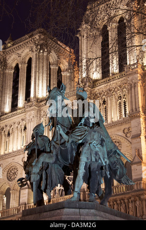 Landmarks of France. This bronze statue of Charlemagne (also known as Charles the Great) is situated in front of the Cathedral of Notre Dame in Paris. Stock Photo