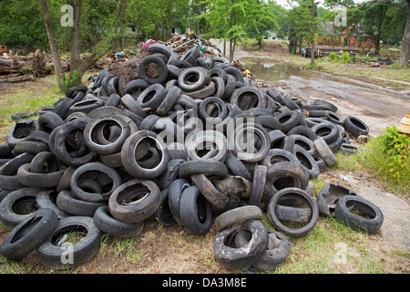 Hundreds of tires await disposal as the Detroit Blight Authority cleans up 14 blocks of the Brightmoor neighborhood. Stock Photo