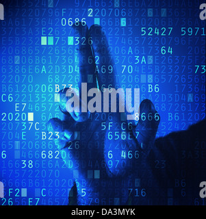 Businessman pressing touch screen button with hexadecimal code. Password protection concept. Stock Photo