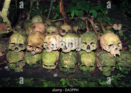 Wall of Skulls at the cemetery at the Aga village of Trunyan. This village in Bali, Indonesia does not bury it's dead, rather leaves them above ground Stock Photo